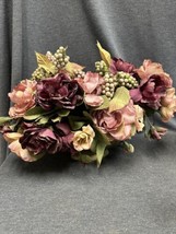 Pink Burgundy Roses Grapes Silk Flower Arrangement W/vtg Brass Vase 14”x7”x3.5” - £23.94 GBP