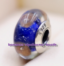 TOP 925 Sterling Silver Handmade Glass Shiny Gold and Blue Murano Glass ... - £4.38 GBP