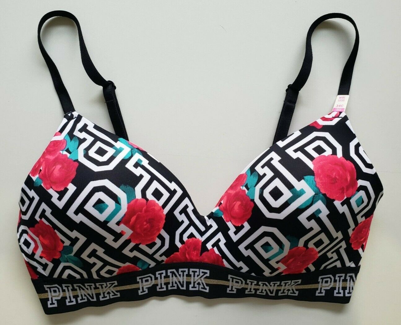 Primary image for Victoria's Secret PINK Wear Everywhere Wireless Bra Size 34C Floral Print Black