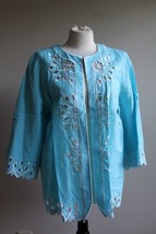 Vtg Bob Mackie Wearable Art M Eyelet Trim Blue Linen Open Front Cardigan Jacket - £23.61 GBP