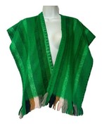 Vintage 1960s  Green Striped Wrap Shawl Poncho Fringe OS - £23.41 GBP