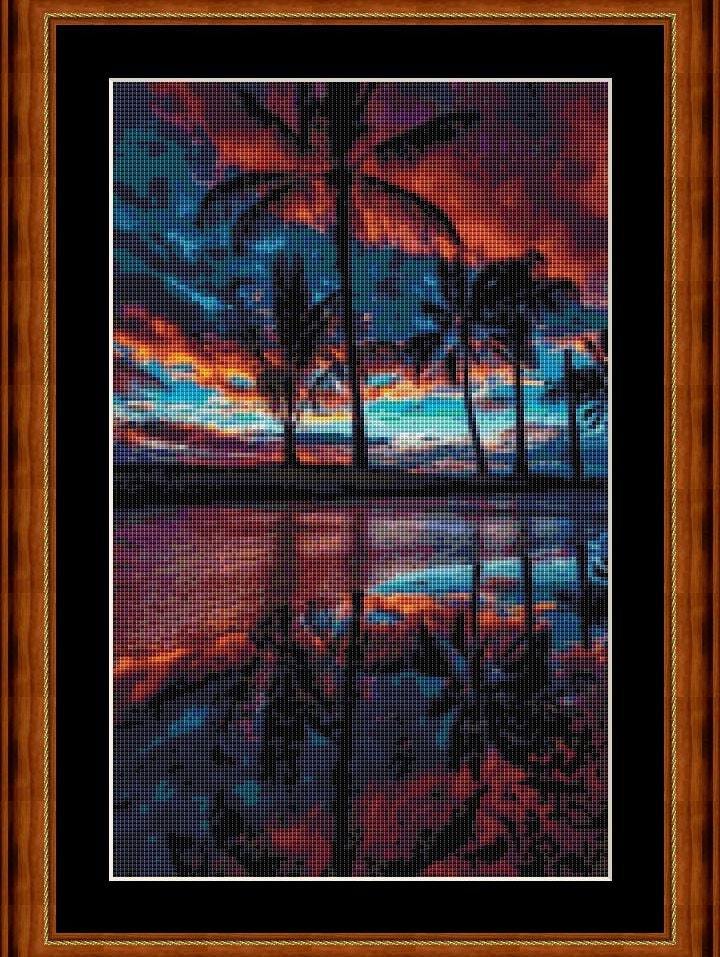 TROPICAL SUNSET- PDF cross stitch chart.  Original Artist Unknown - $12.00