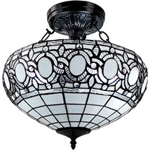 Blue and Black Tiffany Style Two Light Glass Dimmable Semi Flush Ceiling Light - $354.37