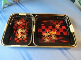 Lacquer Ware Toyo Trays Set of 3 Nesting Asian Print - £31.45 GBP