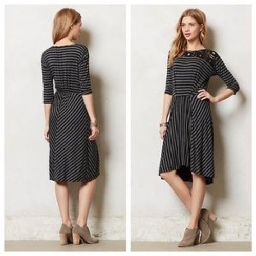 Anthropologie Tiny Dress Black and Gray Stripes Black Lace Size XSP - $37.15