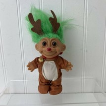 Russ Troll Reindeer Rudolph 5&quot; toy doll Figure Green Hair bell Christmas Vintage - £9.43 GBP
