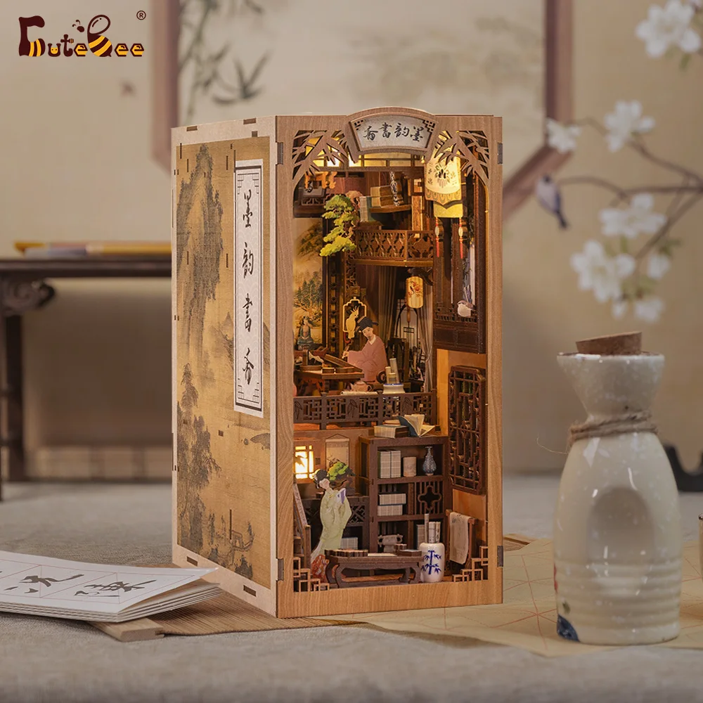 CUTEBEE Book Nook Miniature DollHouse Kit With Touch Light Dust Cover Doll House - £66.30 GBP
