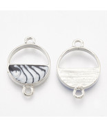 Circle Charms Connector Pendants Silver Enamel Black White Link Jewelry  - $4.51