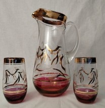 Vintage Glass Pitcher and Two Glasses - Etched - Cracked - Display Only - £26.26 GBP