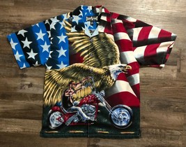 Club Shirt Mens Medium All Over Print Flag Eagle Motorcycle Button Front... - $28.58