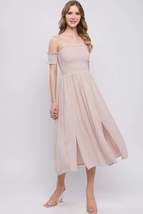 Natural Beige Flowy Off The Shoulder Side Slit Midi Dress - £14.90 GBP