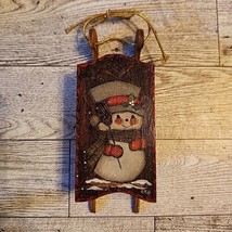 Vintage 198os Hand Painted Snowman on Sled Christmas Ornament Wood 5&quot;   - £16.89 GBP