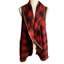 Simply Southern Open Front Fleece Vest S Red Black Buffalo Check Pockets - £14.78 GBP