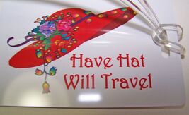 WHITE LUGGAGE TAG W/ RED HAT PURPLE TRIM &amp; STRAP FOR LADIES OF SOCIETY T... - $12.99