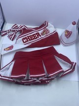 BABW Build A Bear Clothing Red &amp; White Cheerleader Outfit Megaphone, Bows, Flag - £7.07 GBP