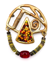 Vintage Articulated Modernist Abstract Face Heishi Bead Brooch Pin - £26.47 GBP