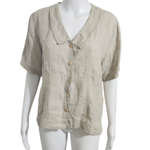 Flax Womens M Tan Linen Lagenlook Minimalist Shirt Short Sleeve Boxy Jac... - $39.51