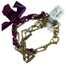 Ann Taylor Loft Gold Tone Multi Chain Bracelet Burgundy Satin Ribbon NEW $24 - £11.05 GBP