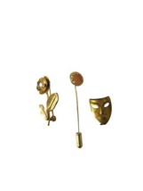 Lot Of 3 Antique Women&#39;s Brooch Lapel Pins Gold Tone Flower Mask Estate ... - £6.29 GBP