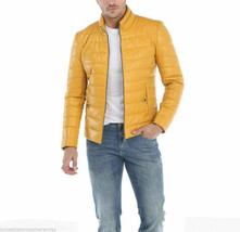 Yellow Quilted Puffer Leather Jacket Men Lambskin Size S M L XL XXL Custom Made - £121.78 GBP