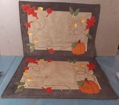 Harvest Autumn Appliqued Textured Placemats 2pc Pumpkin Leaves Acorns 18x13 - $23.18