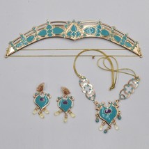 Women Jasmine Royal Crown Headband Earrings Pendant Necklace Jewelry Set Teal Dr - £25.73 GBP