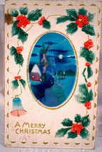 Antique Embossed Postcard A Merry Christmas Holly &amp; Scene with Windmill  - £3.94 GBP