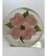 Lucite Encased Pink Flower Dogwood Blossom Paperweight Decoration 4.25”X... - $34.60