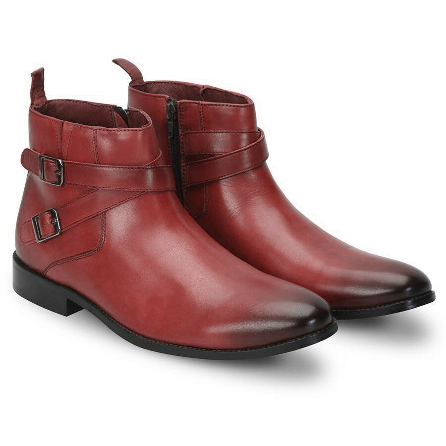 High Ankle Men Brown Burnished Toe Rounded Double Straps Leather Boots BUS 7-16