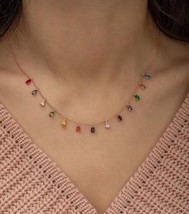 Multi Color Sapphire Charm Necklace, 14K Gold Plated Rainbow Necklace For Her - £74.66 GBP