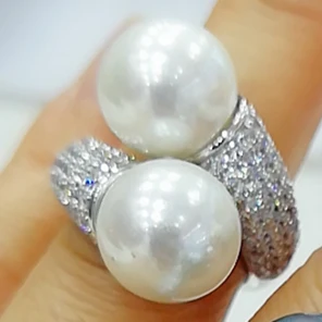 Trendy Round Pearl Statement Rings for Women Cubic Zircon Finger Rings B... - $31.19