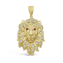 Lion Head Pendant Real 10k Gold Mens Charm Simulated Ruby 2.5&quot; - £546.04 GBP