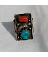 Native American Shadowbox Rectangle Turquoise Coral Sterling Silver Ring... - $175.00