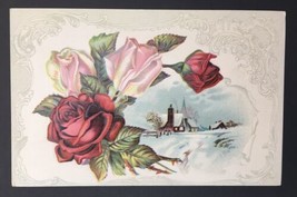 Victorian Red and Pink Roses Embossed Snow Scene Card Blank on Back PC Size - £5.48 GBP