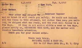 NATIONAL CLOAK &amp; SUIT CO. AMERICAN EXPRESS SHIPPING NOTIFICATION POSTCAR... - £3.11 GBP