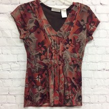Worthington Womens Blouse Brown Black Floral Cap Sleeve V Neck Lined Pleated S - £12.20 GBP