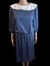 NEW VTG 80s Blue Polyester Dress White Peter Pan Collar By Jenny USA Siz... - $19.90