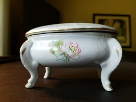 Footed Porcelain Trinket Box Pastels with Gold Accent and Florals Signed... - £13.50 GBP