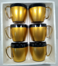 Vintage WEST BEND Thermo Serv Coffee Cups 7 Ounce Black &amp; Gold Set of 6 NOS - £36.75 GBP
