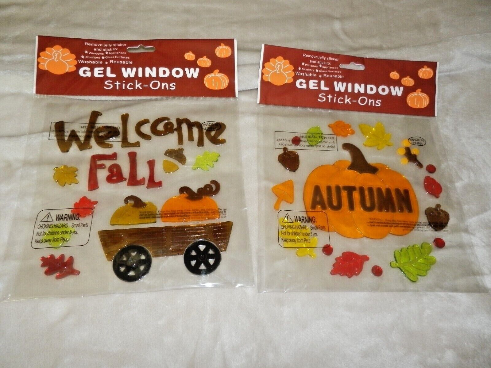 NEW Set 2 FALL Window GEL CLINGS Pumpkins Wagon Acorn Leaves AUTUMN - £15.49 GBP