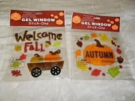 New Set 2 Fall Window Gel Clings Pumpkins Wagon Acorn Leaves Autumn - £15.44 GBP
