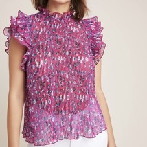 Anthropologie Freida Blouse Size Small Pink Floral Pleated Sheer Ruffle Boho Top - £29.02 GBP