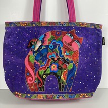 Laurel Burch Tote Bag 3 Cats Rainbow Arched Backs Stacked Purple Sequins Beads - £55.38 GBP