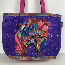 Laurel Burch Tote Bag 3 Cats Rainbow Arched Backs Stacked Purple Sequins Beads - £52.06 GBP