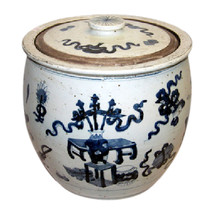 Vintage Style Blue and White Treasures Motif Bowl With Lid Jar 12&quot; - £142.87 GBP