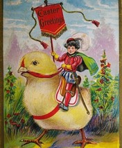 Easter Postcard Fantasy Knight Riding Giant Baby Chick Renaissance Gent Vintage - $20.90