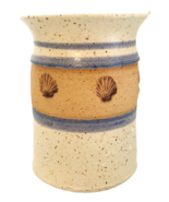 Studio Pottery Vase or Crock w/ Incised Shells Beige Blue Tan 5&quot;H 4&quot;W Si... - £21.92 GBP