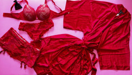 Victoria&#39;s Secret 36C Bra Set+Garter+M panty+M/L Robe Red Gold Angel Fantasies - $219.99