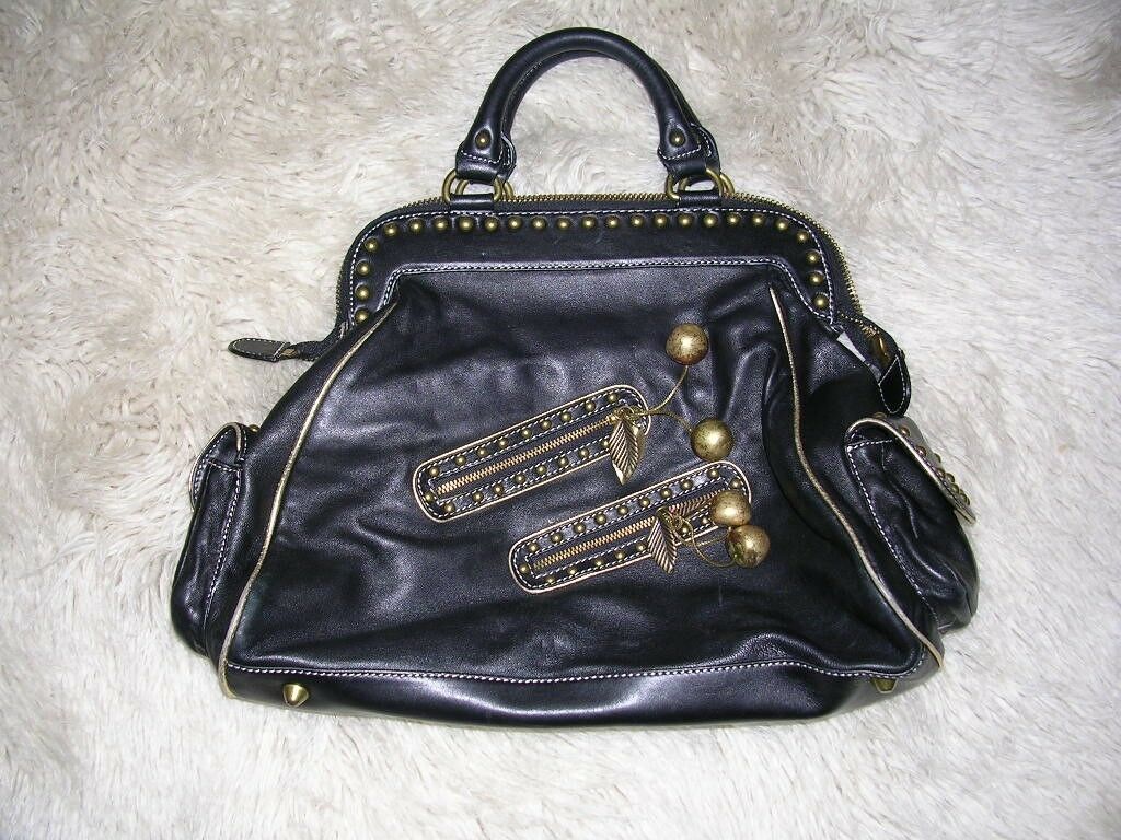 Primary image for Betsey Johnson Rockin Cherries Black Leather Handbag Purse VINTAGE