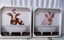 NEW Cow Pig Bird In Bath Tub Country Wall Art Rustic Home Farmhouse Set of 2 - £40.66 GBP